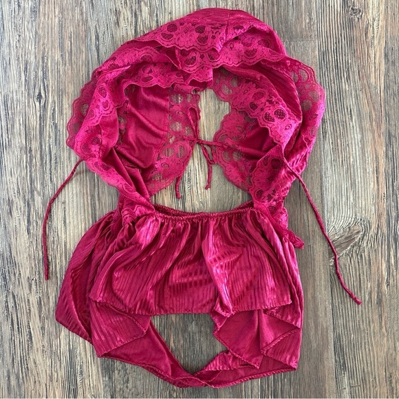 Vtg Nite Images II Lingerie Bodysuit Teddy 1X Side Ties Lace Burgundy Stripes - Picture 10 of 10